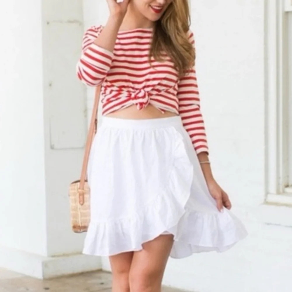 J Crew Linen Ruffle Faux Wrap Skirt White Size 8 resort spring mature vacation - Picture 3 of 11